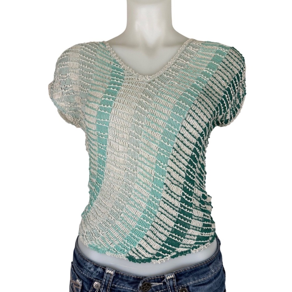 100% Cotton Hand Crochet Open Knit V-Neck Cap Sleeve Striped Top Green Cream